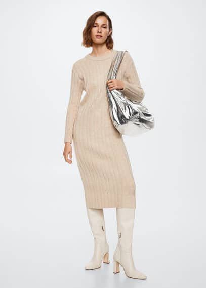 Mango Canaly ribgebreide maxi trui jurk met ronde hals