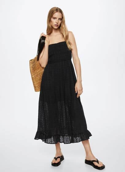 Mango Elena midi jurk met borderie en rechthoekige hals