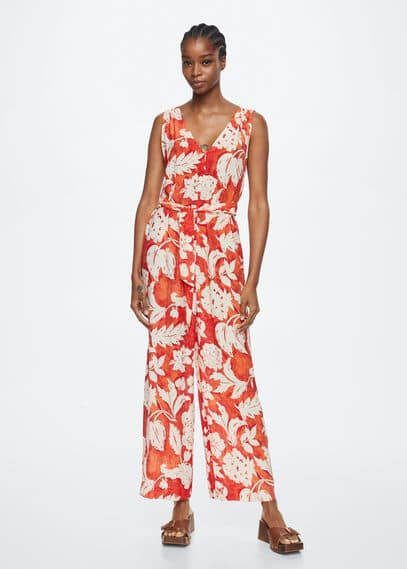 Mango Nora loose fit cropped jumpsuit met bloemenprint en strikceintuur