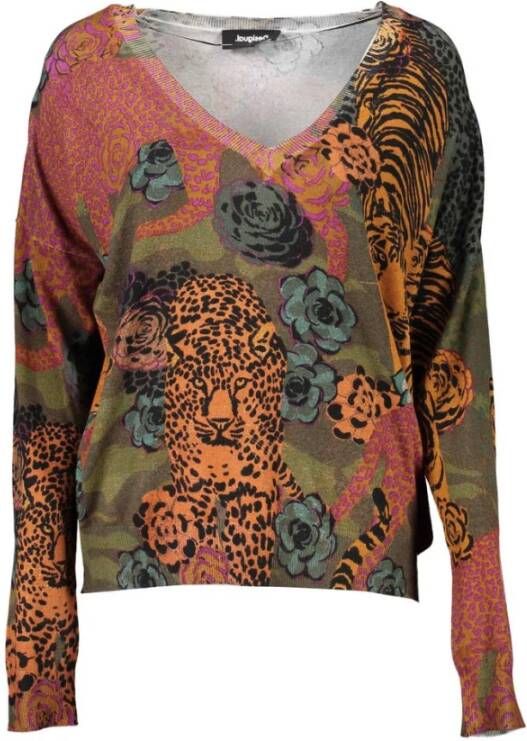 Desigual fijngebreide trui met all over print kaki/oranje/donkerrood