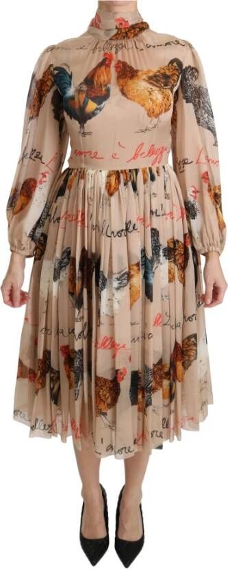 Dolce & Gabbana Print schede midi zijden jurk , Beige, Dames