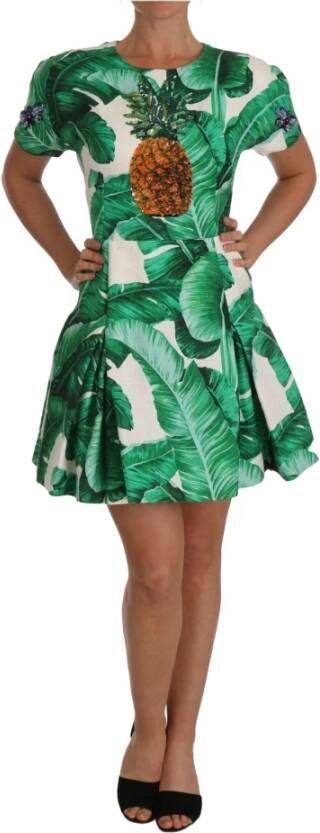 Dolce & Gabbana DG A Line Banana Leaf Crystal Dress , Groen, Dames