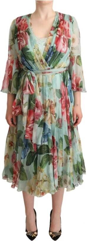Dolce & Gabbana Green Floral Long Sleeves V neck Midi Dress , Groen, Dames