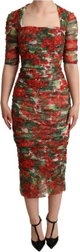 Dolce & Gabbana Red Floral Print Tulle Sheath Midi Dress , Rood, Dames