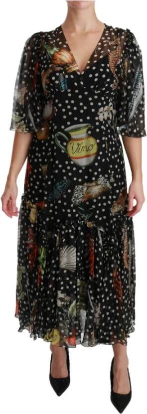 Dolce & Gabbana Black Sea Fish Sicily A line Shift Dress , Zwart, Dames