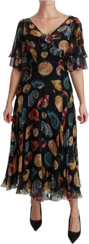 Dolce & Gabbana Sea Shells Maxi A lijn Midi Zijdekleding , Zwart, Dames