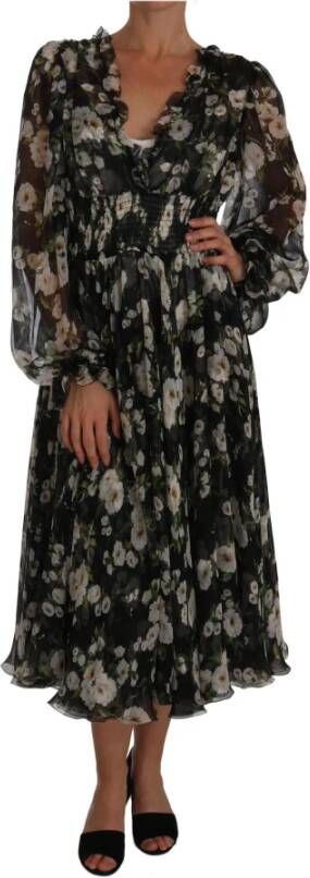 Dolce & Gabbana Black Daisy Floral Silk Shift A Line Dress , Zwart, Dames