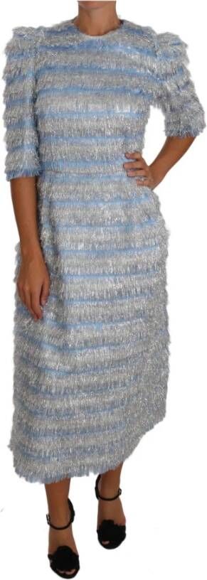 Dolce & Gabbana Light Blue Fringe Midi Sheath Dress , Blauw, Dames