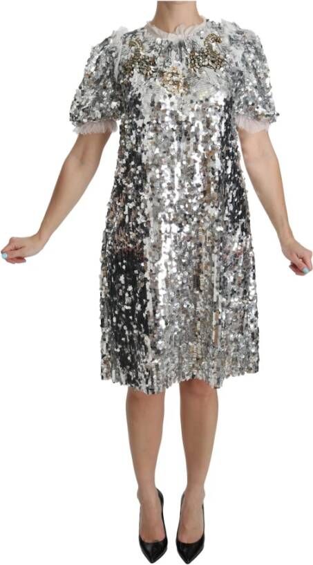 Dolce & Gabbana Silver Sequined Crystal Shift Gown Dress , Grijs, Dames