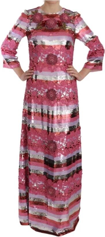 Dolce & Gabbana Pink Floral Sequined Crystal Gown Dress , Roze, Dames