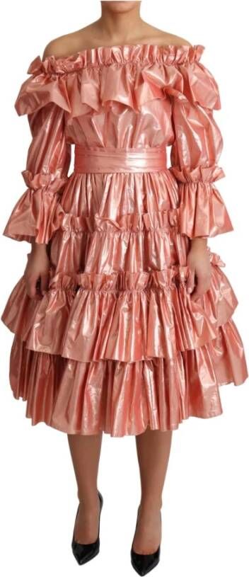 Dolce & Gabbana Ruffled Dress Silk Cotton Gown Dress , Roze, Dames