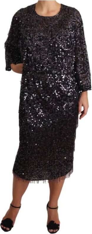 Dolce & Gabbana Lovertjes met lange mouw shift midi jurk , Zwart, Dames