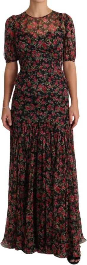Dolce & Gabbana Black Floral Roses A Line Shift Gown Dress , Zwart, Dames
