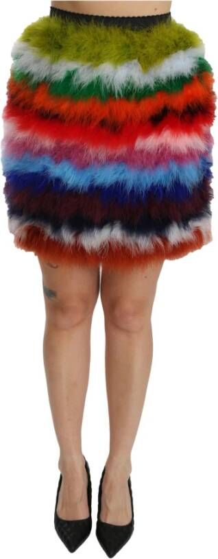 Dolce & Gabbana Red Blue High Waist Mini Feather Skirt , Rood, Dames