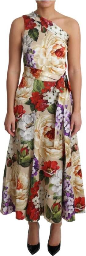 Dolce & Gabbana DG Print Silk Stretch One Shoulder Dress Floral , Wit, Dames