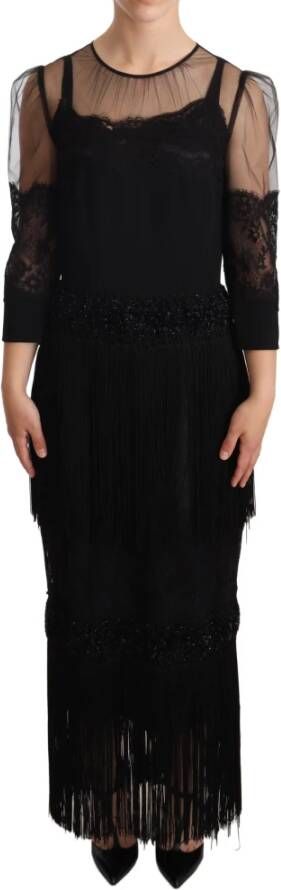 Dolce & Gabbana Zwart pure bloemen kanten kristal maxi jurk , Zwart, Dames