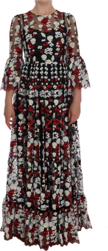Dolce & Gabbana Black Chamomile Roses Embroidered Dress , Zwart, Dames