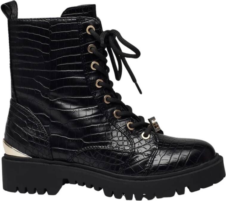 GUESS OMALA veterboots met crocoprint zwart