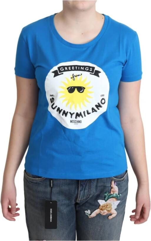 Moschino Blue Cotton Sunny Milano Print Tops T shirt , Blauw, Dames