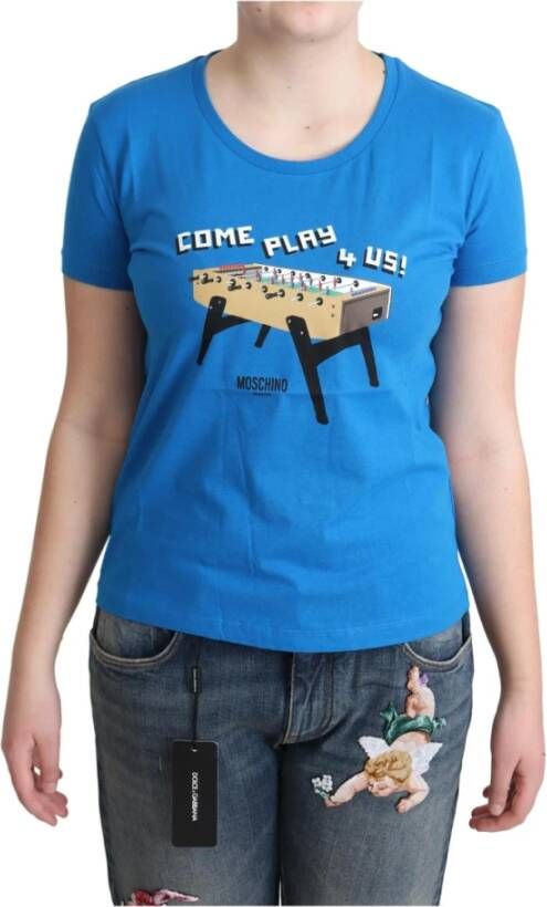 Moschino Blue Cotton Come Play 4 Us Print T shirt , Blauw, Dames