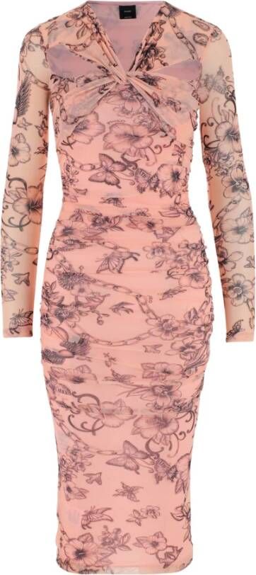 pinko Dress made of stretch tulle V neckline Torchon detail and triangular cut out in front Long sleeves Side zipper closure Draped waist Fitted line Longuette All over tattoo print Pink Made in Italy Composition 100% polyamide, Lining 90% polyamide, 10% elastane , Roze, Dames
