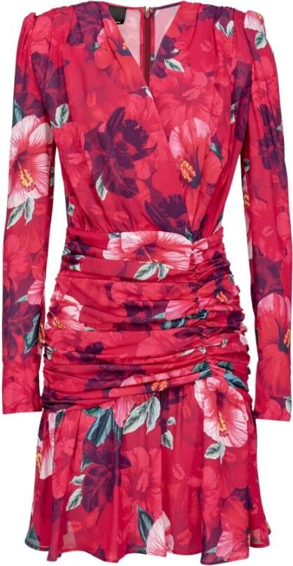 pinko Accigliato Abito Crepe DE Chine Stampa Hibiscus , Roze, Dames