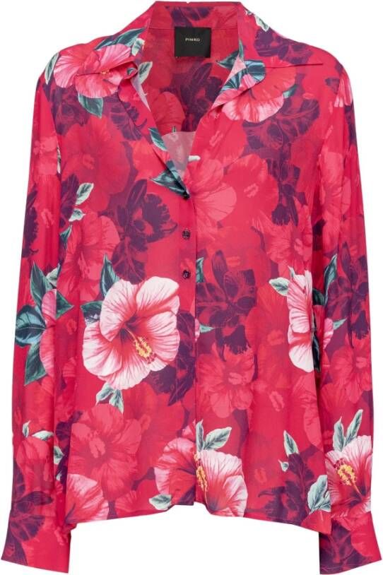 pinko Contto Camicia Crepe DE Chine Stampa Hibiscus , Rood, Dames