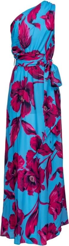pinko Agave Dress Crepe de Chine Print Flower Macro Two Tone , Blauw, Dames