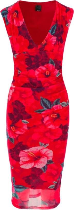 pinko Longuette dress made of semi sheer stretch jersey mesh Plunging V neckline Wing sleeves Draped design All over hibiscus print Pencil skirt Fuchsia , Rood, Dames