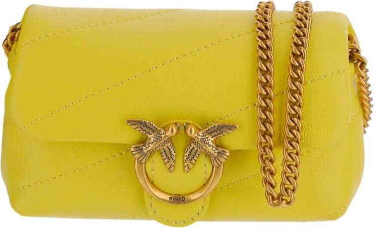 pinko Bag made of soft nappa leather Quilted design Flap and button closure Love Birds Diamond Cut buckle on front Chain shoulder strap Antique gold color metal finish Single compartment Microfiber lining Yellow Made in China Composition 100% calfskin , Geel, Dames