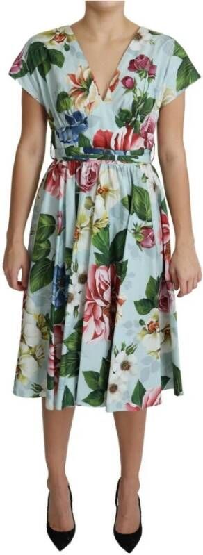 Dolce & Gabbana Bloemen korte mouwen v hals jurk , Groen, Dames