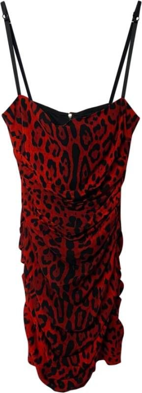 Dolce Gabbana Leopard Print Ruched Dress in Red Silk Dolce & Gabbana Pre owned, Rood, Dames