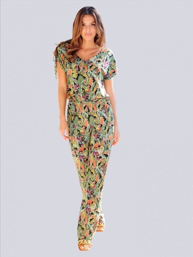alba moda Jumpsuit met modieus tropisch dessin Zwart/Groen