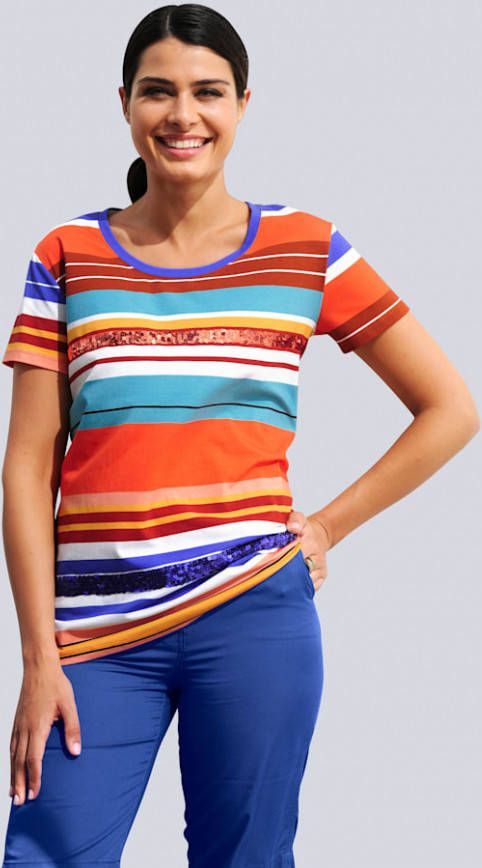 alba moda Shirt met pailletten Oranje/Blauw