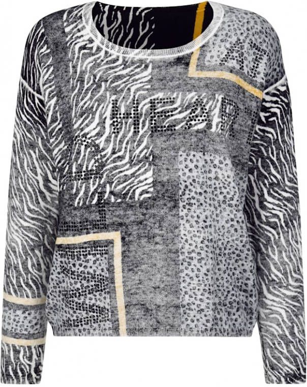 alba moda Trui met exclusief dessin Mosterdgeel/Offwhite/Zwart