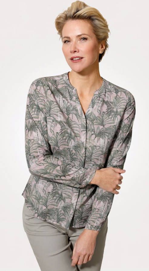 MONA Blouse met exotische bladerenprint Roze/Groen