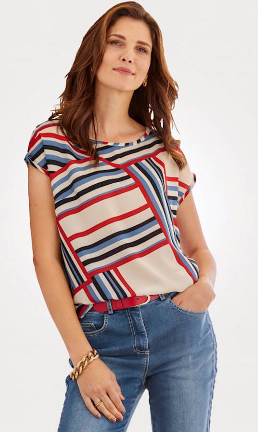 MONA Blouse met grafisch dessin Rookblauw/Rood/Ecru