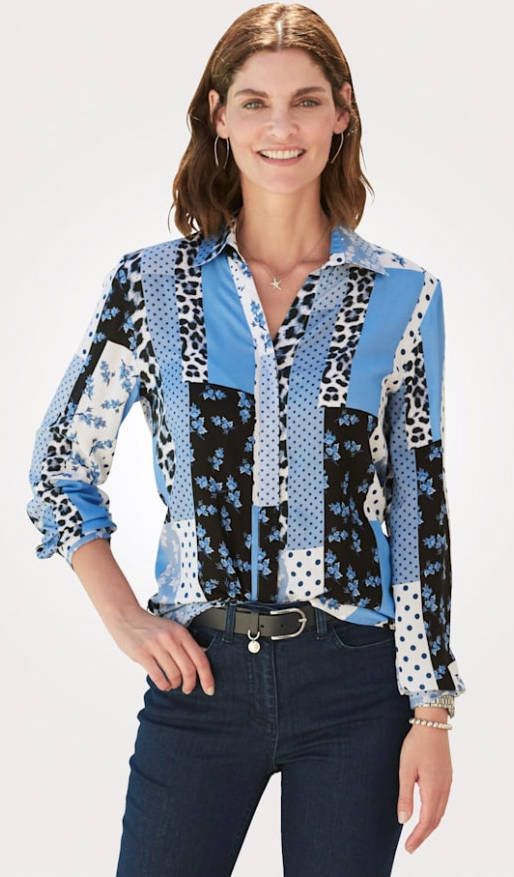 MONA Blouse met printmix Blauw/Ecru