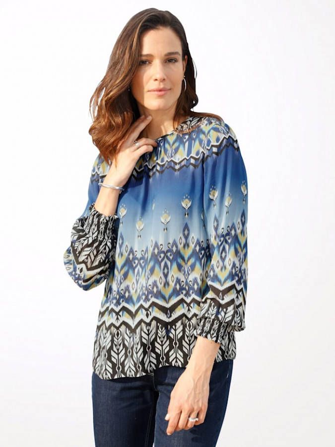 MONA Blouse met trendy patronenmix Blauw/Geel/Zwart