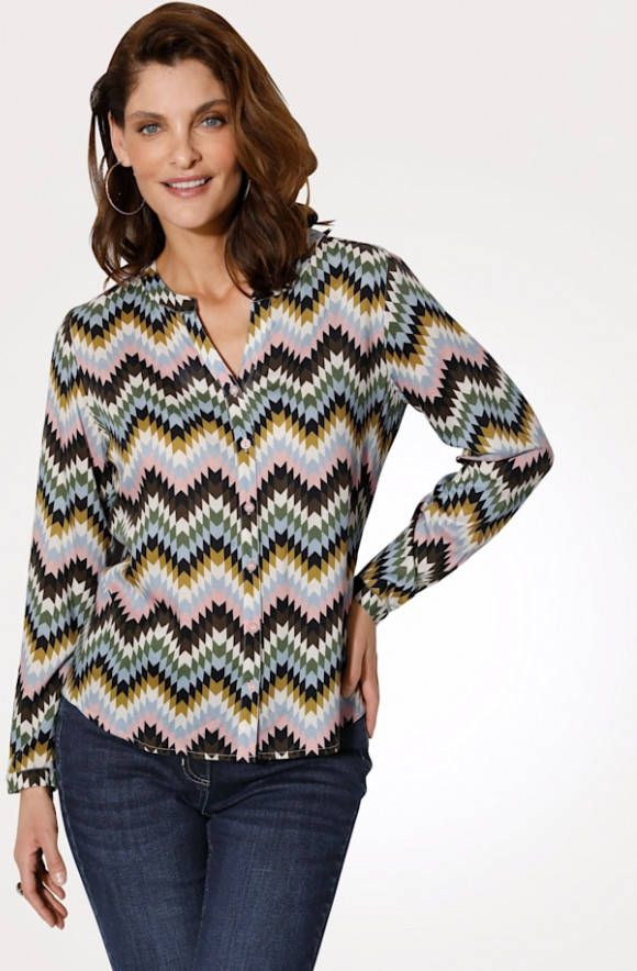 MONA Blouse met zigzagdessin Lichtblauw/Roze/Multicolor