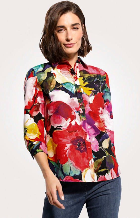 MONA Blouse van linnen katoenmateriaal Rood/Groen/Geel