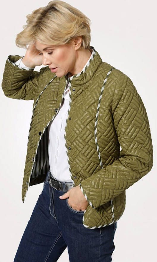 MONA Doorgestikte jas met folieprint Mosgroen/Wit