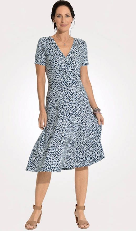 MONA Jersey jurk in wikkellook Blauw/Lichtblauw/Ecru