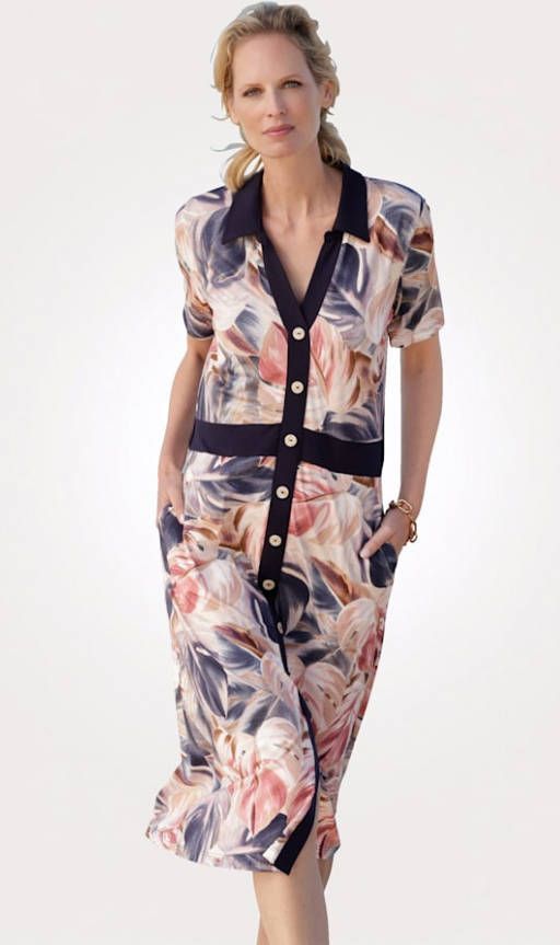 MONA Jersey jurk met bloemenprint Roze/Blauw/Beige