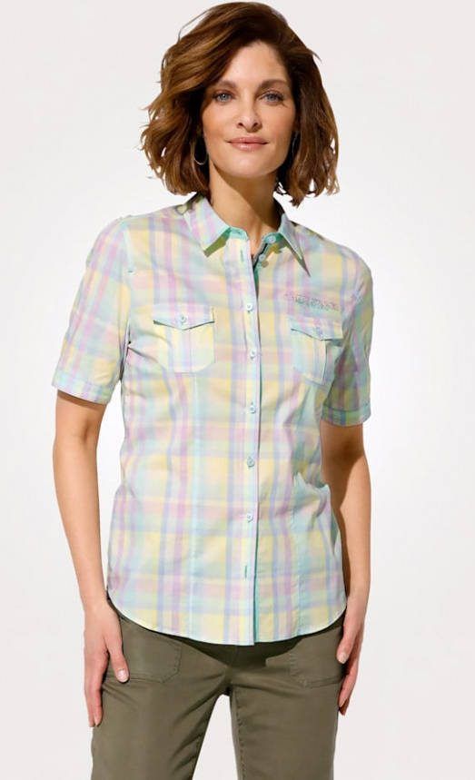 MONA Overhemdblouse met zomers ruitdessin Lila/Turquoise