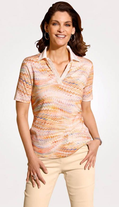 MONA Poloshirt in aquarellook Ecru/Rood/Royal blue