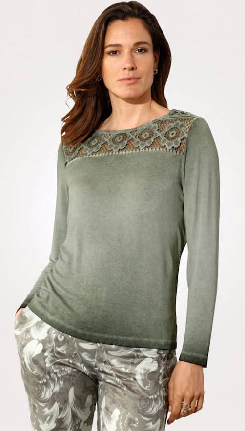 MONA Shirt met ton sur ton beleg van kant Groen