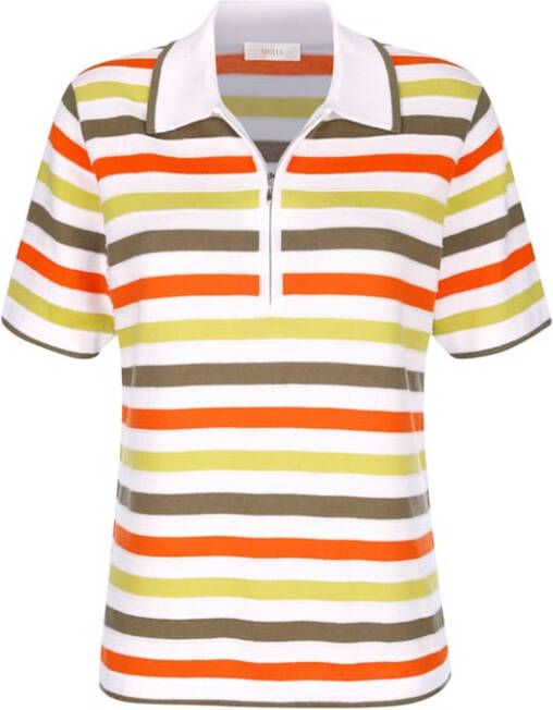 MONA Shirt polo gebreid met sportief streepdessin Wit/Oranje/Zachtgroen