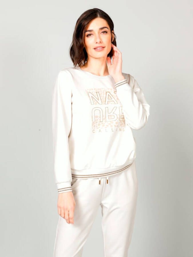 MONA Sweatshirt met glitterprint en opschrift Ecru/Zand