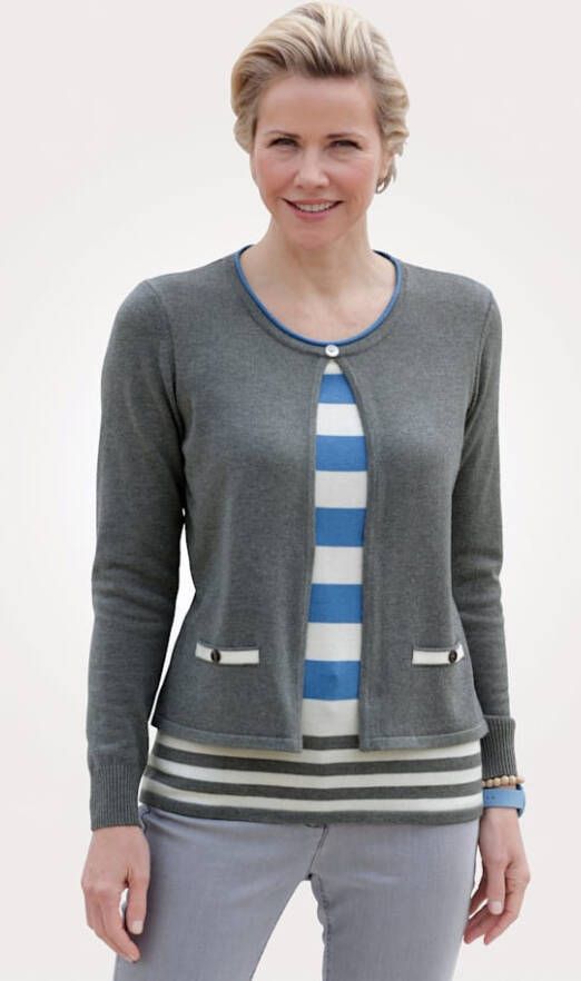 MONA Trui in 2 in 1 look Blauw/Grijs/Ecru